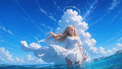 Ethereal Angel in White Dress Standing in Shallow Ocean - free anime wallpaper 3840×2160