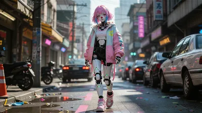 Cyberpunk Character Walking Urban Street - free art & design wallpaper 3840×2160