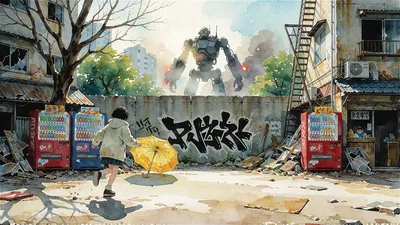 Child With Yellow Umbrella in Destroyed Urban Landscape - free anime wallpaper 3840×2160