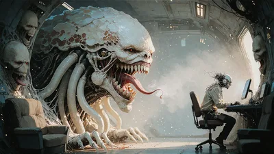 Digital Artist Confronted by Monstrous Creature in Futuristic Room - free art & design wallpaper 3840×2160