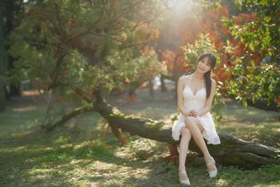 Woman in Sundress on Tree Trunk - free people & portraits wallpaper 6144×4096