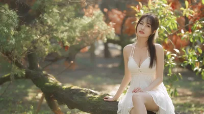 Asian Woman in White Dress on Mossy Tree - free people & portraits wallpaper 2048×1152