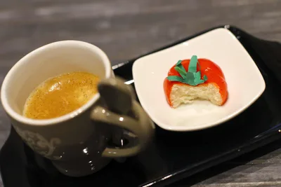 espresso,coffee,cup,saucer,dessert,cake,pastry,tomato shape,bite,sweet,beverage,caffeine,plate,tray,table,breakfast,cafe,food,drink - free food wallpaper 6021×4014