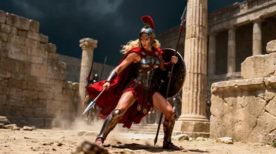 warrior,woman,armor,shield,spear,ancient,greece,ruins,columns,spartan,amazon,gladiator,battlefield,action,heroine,mythology,history,fantasy - free art & design wallpaper 2752×1536