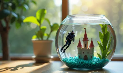 fishbowl,aquarium,diver,scuba diver,miniature,castle,underwater decoration,aquatic plants,pebbles,glass bowl,table,houseplant,creative,fantasy,concept - free art & design wallpaper 3840×2304