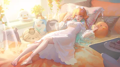 Sunlit Dreams: Kiara's Peaceful Garden Repose - free anime wallpaper 2688×1512