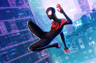 Miles Morales Swinging Through Neon Cityscape - free movies & tv wallpaper 3840×2534