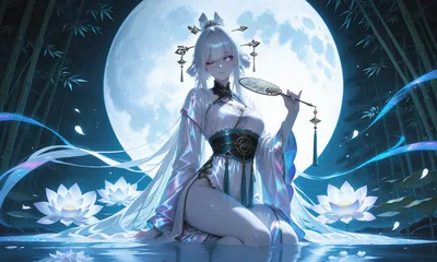 Ethereal Maiden in Moonlit Bamboo Garden - free anime wallpaper 2560×1536
