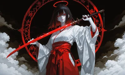 Celestial Warrior with Red Katana in Clouds - free anime wallpaper 2560×1536