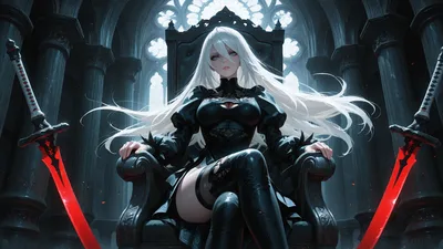 White-Haired Warrior Queen on Throne with Red Swords - free anime wallpaper 2560×1440