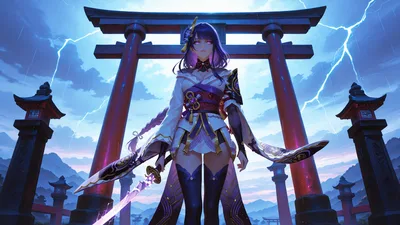 Purple-Haired Warrior in Asian Temple with Lightning - free anime wallpaper 2560×1440