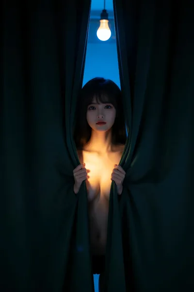 Woman In Curtains With Glowing Lightbulb - free people & portraits wallpaper 4800×7200