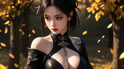 Woman in Black Traditional Dress Among Autumn Leaves - free anime wallpaper 3840×2160
