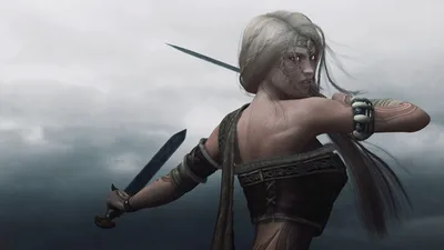 Warrior Woman with Dual Swords in Misty Landscape - free art & design wallpaper 1920×1080
