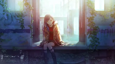 Anime Girl Sitting on Windowsill at Sunset - free anime wallpaper 1920×1080