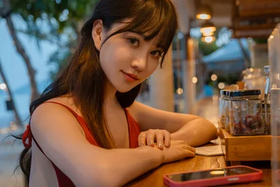 Woman in Red Dress at Evening Bar Counter - free people & portraits wallpaper 6000×4000