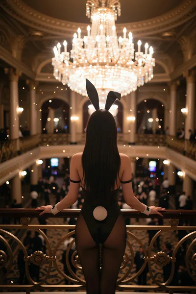 Woman in Bunny Costume on Balcony Under Chandelier - free people & portraits wallpaper 4800×7200