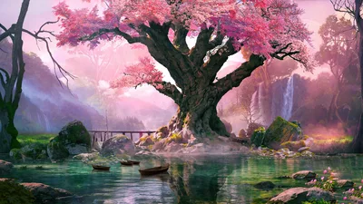 Serene Cherry Blossom Dream by the Water - free fantasy wallpaper 5120×2880