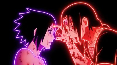 Neon Clash: Itachi and Sasuke in Glowing Confrontation - free dark wallpaper 5120×2880