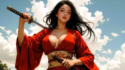 Woman in Red Kimono Holding Katana Against Sky - free anime wallpaper 1920×1080