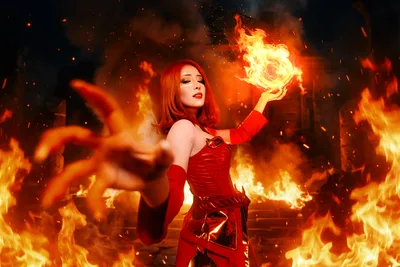 Woman in Red Dress Holding Fire Among Flames - free people & portraits wallpaper 2560×1707