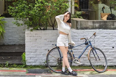 Woman in White Outfit Posing with Blue Bicycle - free people & portraits wallpaper 5120×3413