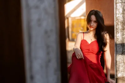 Woman in Red Dress in Sunlit Alleyway - free people & portraits wallpaper 6144×4098