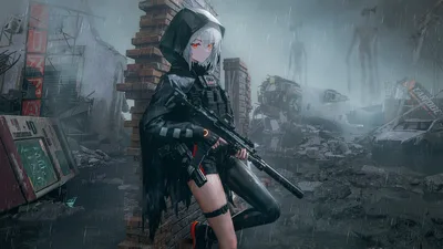 Armed Anime Girl in Dystopian Rain - free anime wallpaper 3840×2160