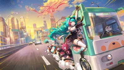Anime Characters on Green Bus in Futuristic City - free anime wallpaper 3840×2160