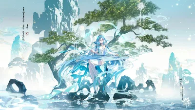 Blue-Haired Warrior with Water Magic in Mountain Landscape - free art & design wallpaper 3840×2160