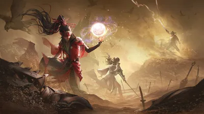 Magical Warrior in Red Summoning Glowing Orb in Desert - free art & design wallpaper 3840×2160
