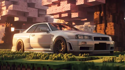 Silver Sports Car in Minecraft-Inspired Desert Landscape - free art & design wallpaper 5120×2880