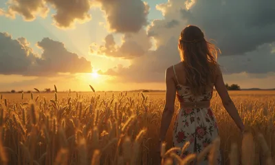 Woman in Floral Dress Standing in Wheat Field at Sunset - free people & portraits wallpaper 3840×2304