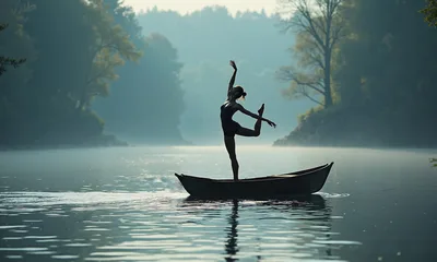 Silhouetted Dancer in Yoga Pose on Boat in Misty Lake - free people & portraits wallpaper 3840×2304
