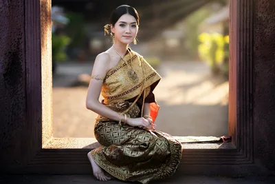 Woman In Traditional Thai Silk Dress Seated In Doorway - free people & portraits wallpaper 2047×1364