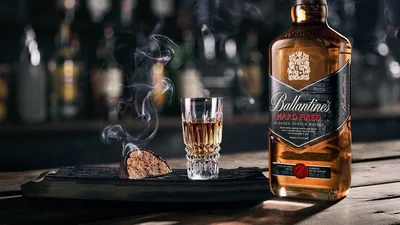 Ballantine's Hard Fired Scotch Whisky Display with Glass - free food wallpaper 1920×1080