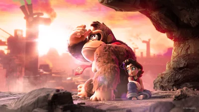 Donkey Kong and Girl in Sunset Cityscape - free anime wallpaper 1920×1080