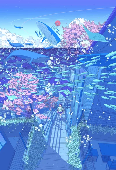 Underwater Dreams Among Cherry Blossoms - free anime wallpaper 5120×7446