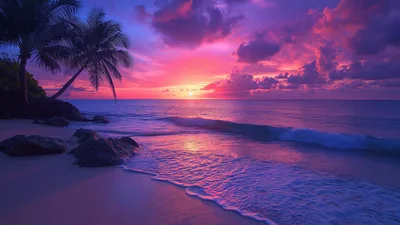 Tropical Sunset: Purple Sky & Calm Waves - free nature wallpaper 5120×2880