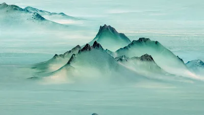Misty Teal Mountain Peaks in Monochrome - free nature wallpaper 5120×2880