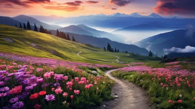 Alpine Meadow at Sunset: Wildflower Dreams - free nature wallpaper 5120×2880