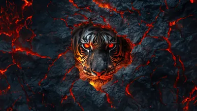 Infernal Tiger Eyes Burning Through Lava - free animals wallpaper 5120×2880