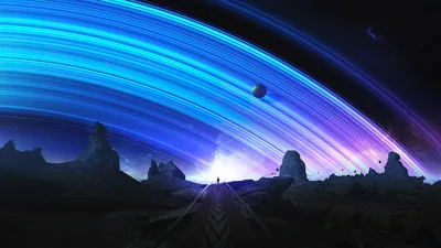 Cosmic Rails Through Surreal Blue Horizons - free fantasy wallpaper 5120×2880