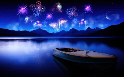 Midnight Celebration: Fireworks Over Silent Waters - free space wallpaper 3840×2400