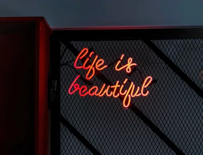 Life Is Beautiful Neon Typography at Night - free cyberpunk wallpaper 5120×3923