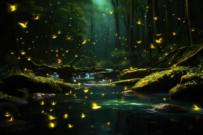 Enchanted Forest: Fireflies Dancing Over Mossy Rivers - free nature wallpaper 8064×5376