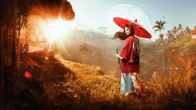 Crimson Samurai: Autumn's Mystic Guardian - free fantasy wallpaper 3840×2160