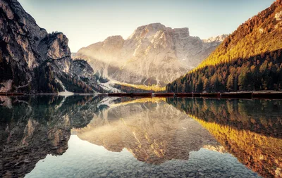 Alpine Mirror: Pragser Wildsee's Golden Reflections - free nature wallpaper 7680×4850