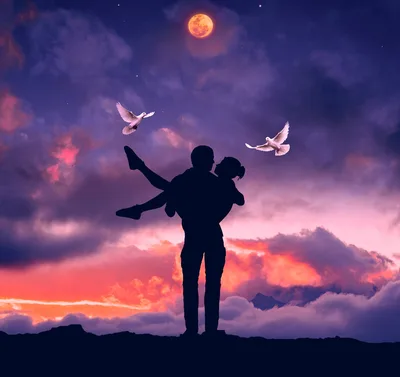 Romantic Silhouette Lifting Love Under the Moon - free kids & cute wallpaper 3840×3620
