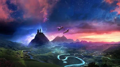 Flying Together Through Neverland's Magical Dusk - free fantasy wallpaper 3840×2160